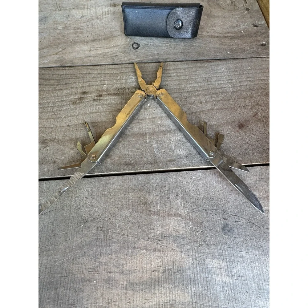 Vintage Chicago Tool‎ Chrome Multitool. With Case Pliers, Knife & Accessories